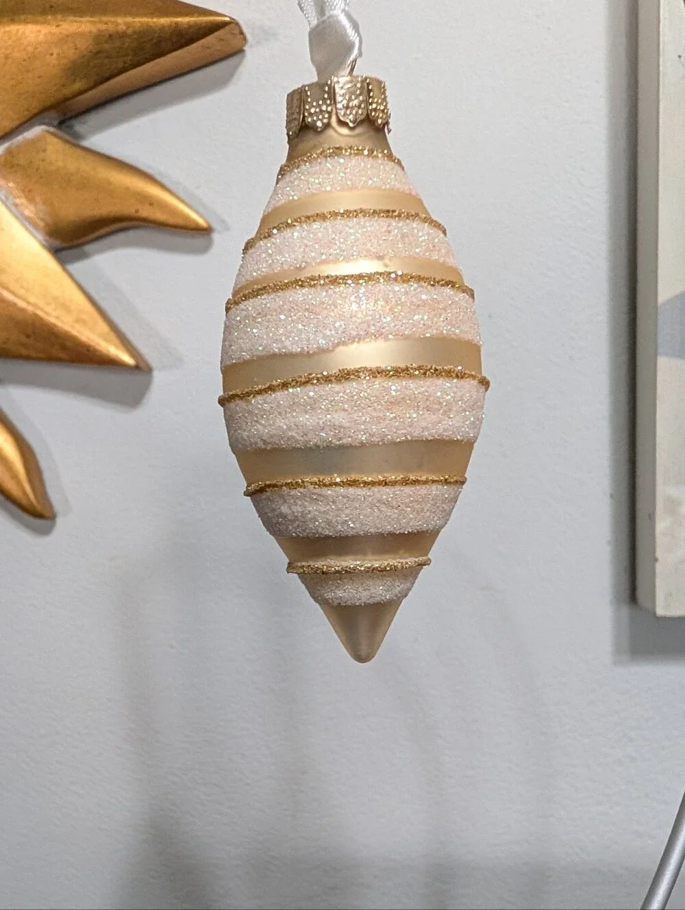 Vintage Box 9 Pc CHRISTMAS ORNAMENTS Satin GLITTER STRIPE Cream & Gold Teardrop